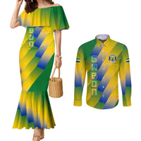 Gabon Flag Colors Couples Matching Mermaid Dress and Long Sleeve Button Shirt with National Coat of Arms and Vertical Text Design