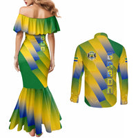 Gabon Flag Colors Couples Matching Mermaid Dress and Long Sleeve Button Shirt with National Coat of Arms and Vertical Text Design