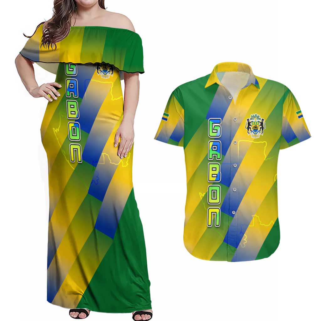 Gabon Flag Colors Couples Matching Off Shoulder Maxi Dress and Hawaiian Shirt with National Coat of Arms and Vertical Text Design