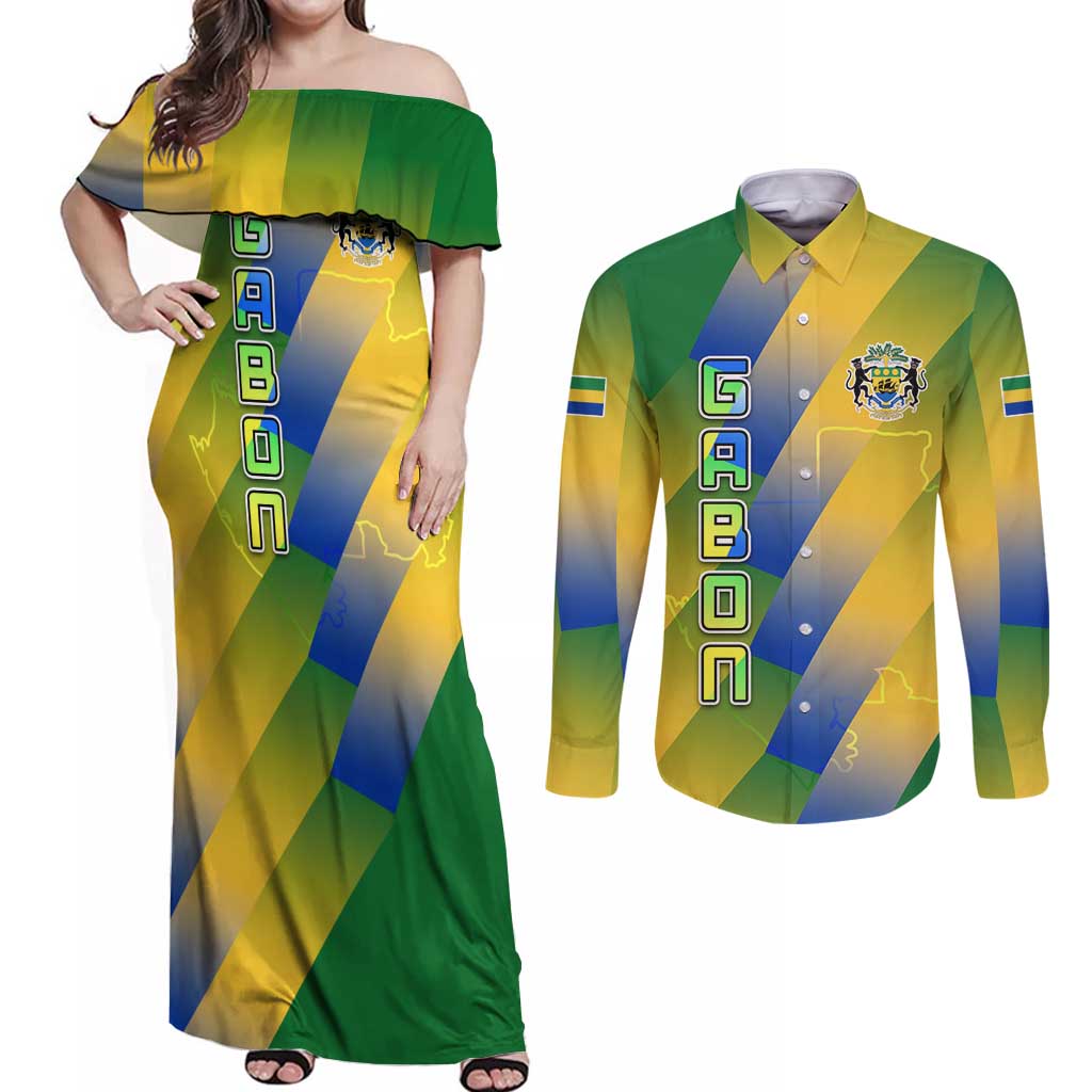 Gabon Flag Colors Couples Matching Off Shoulder Maxi Dress and Long Sleeve Button Shirt with National Coat of Arms and Vertical Text Design