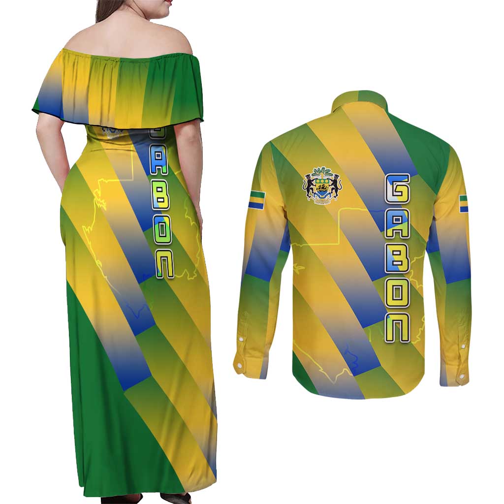 Gabon Flag Colors Couples Matching Off Shoulder Maxi Dress and Long Sleeve Button Shirt with National Coat of Arms and Vertical Text Design
