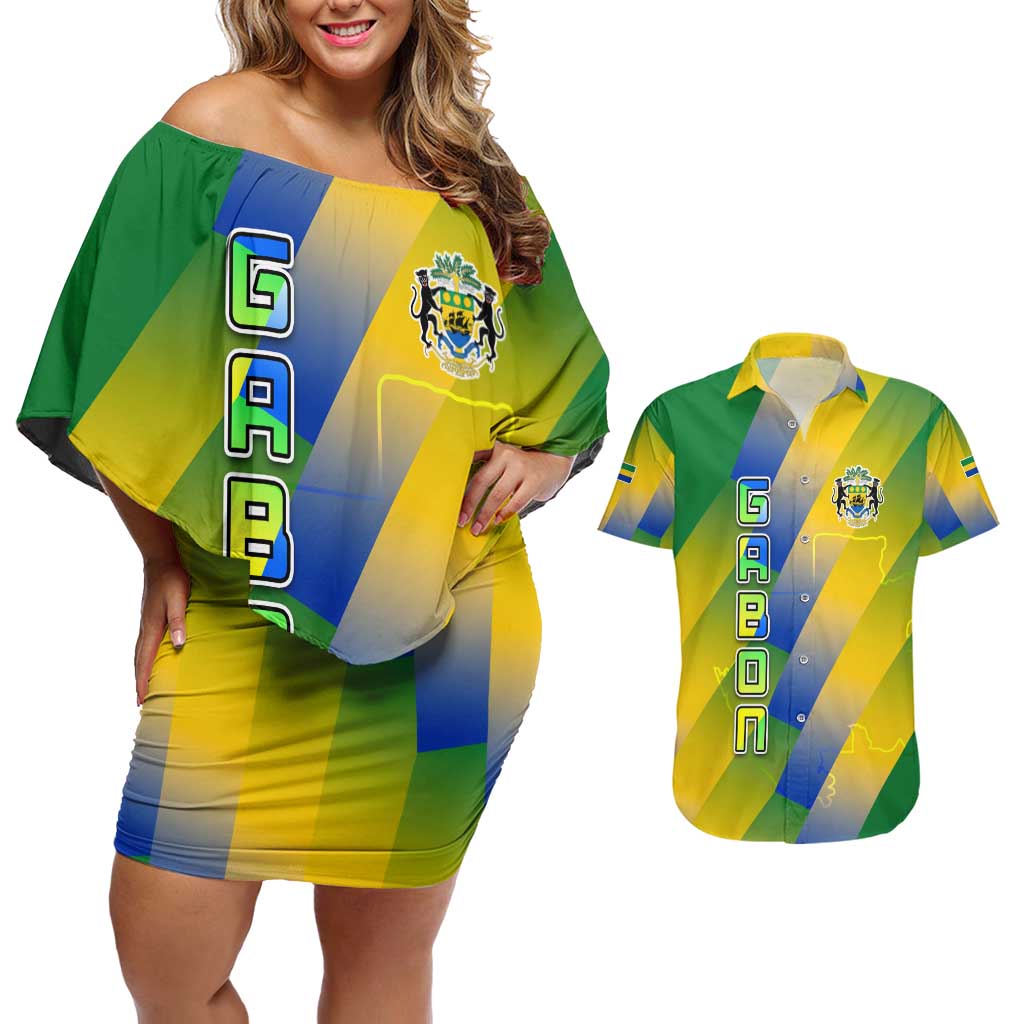 Gabon Flag Colors Couples Matching Off Shoulder Short Dress and Hawaiian Shirt with National Coat of Arms and Vertical Text Design