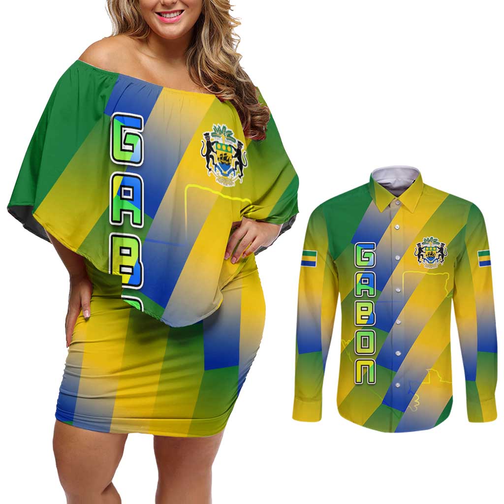 Gabon Flag Colors Couples Matching Off Shoulder Short Dress and Long Sleeve Button Shirt with National Coat of Arms and Vertical Text Design