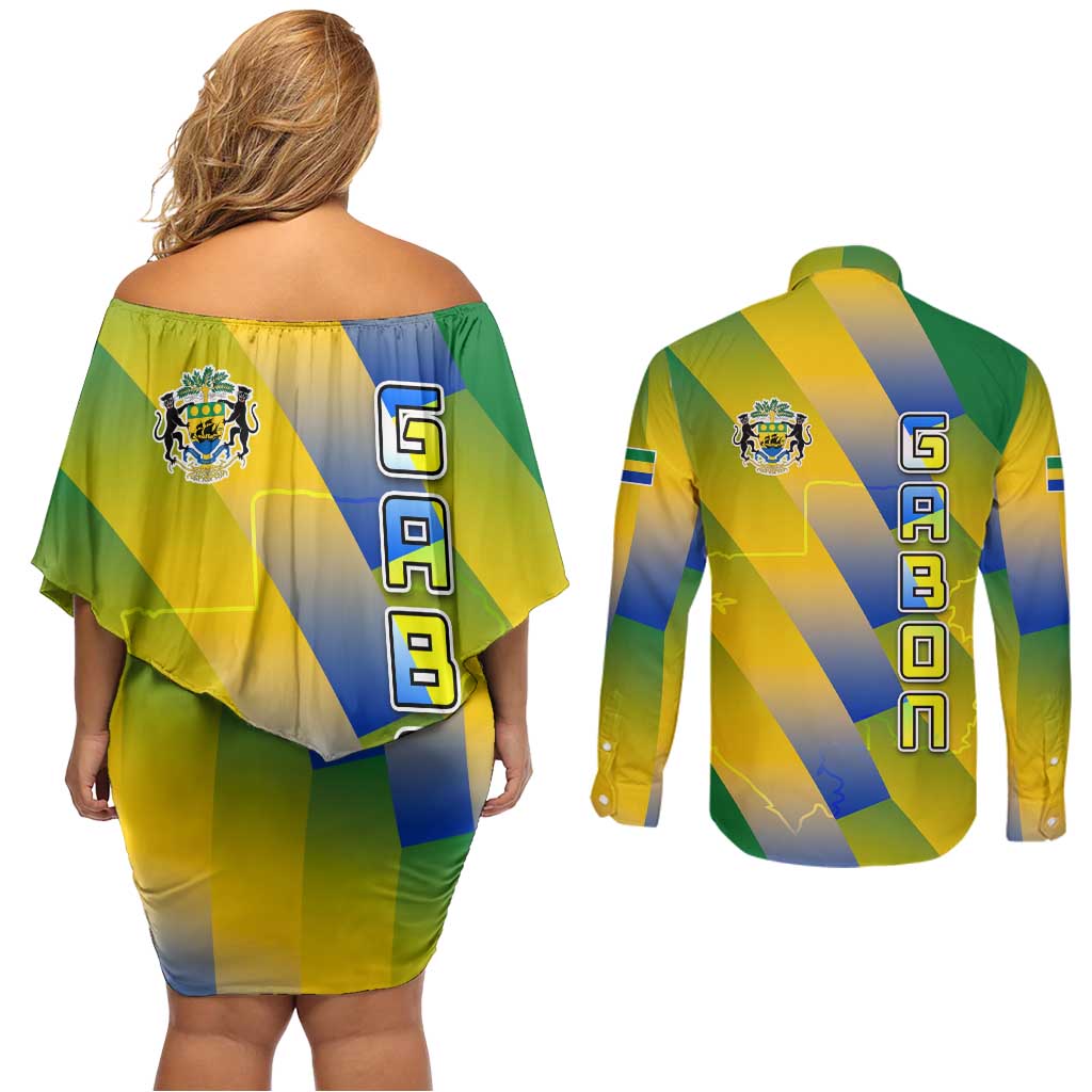Gabon Flag Colors Couples Matching Off Shoulder Short Dress and Long Sleeve Button Shirt with National Coat of Arms and Vertical Text Design