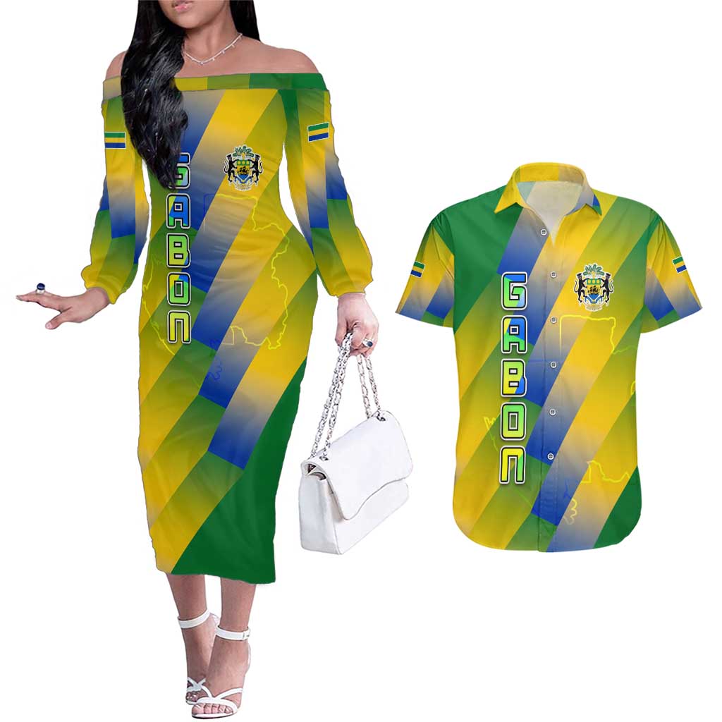 Gabon Flag Colors Couples Matching Off The Shoulder Long Sleeve Dress and Hawaiian Shirt with National Coat of Arms and Vertical Text Design