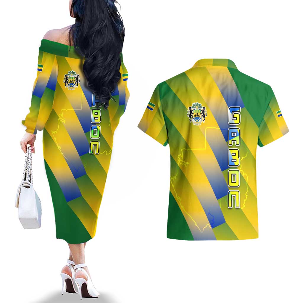 Gabon Flag Colors Couples Matching Off The Shoulder Long Sleeve Dress and Hawaiian Shirt with National Coat of Arms and Vertical Text Design
