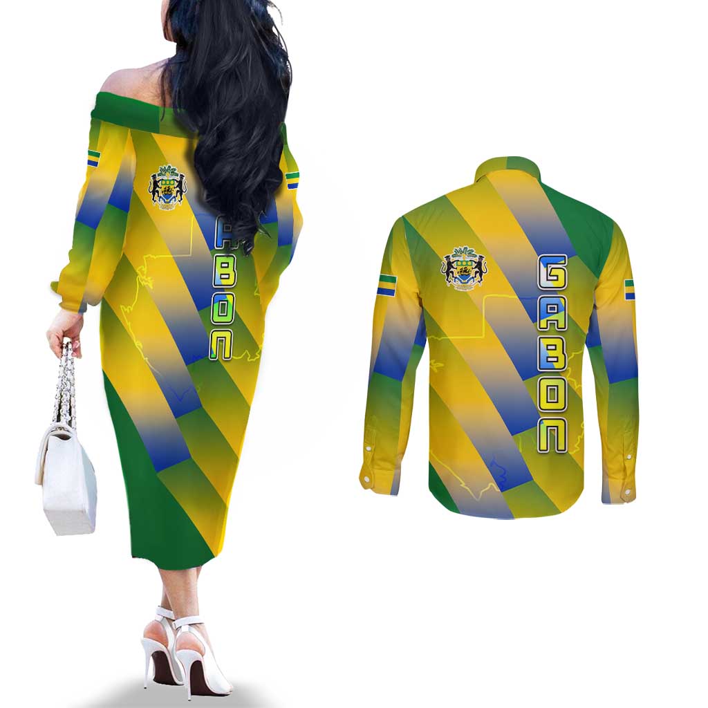Gabon Flag Colors Couples Matching Off The Shoulder Long Sleeve Dress and Long Sleeve Button Shirt with National Coat of Arms and Vertical Text Design