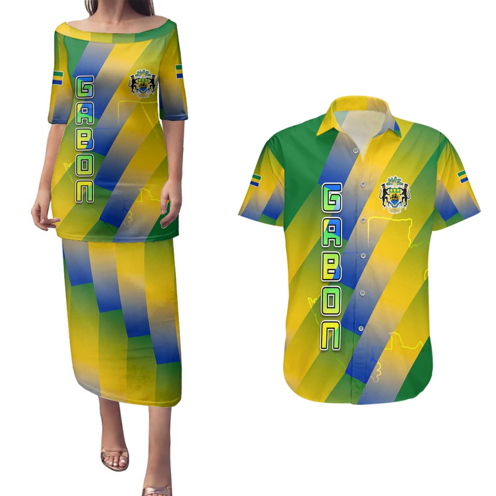 Gabon Flag Colors Couples Matching Puletasi and Hawaiian Shirt with National Coat of Arms and Vertical Text Design