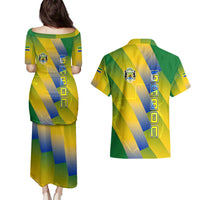 Gabon Flag Colors Couples Matching Puletasi and Hawaiian Shirt with National Coat of Arms and Vertical Text Design