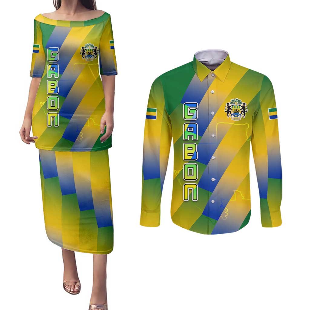 Gabon Flag Colors Couples Matching Puletasi and Long Sleeve Button Shirt with National Coat of Arms and Vertical Text Design