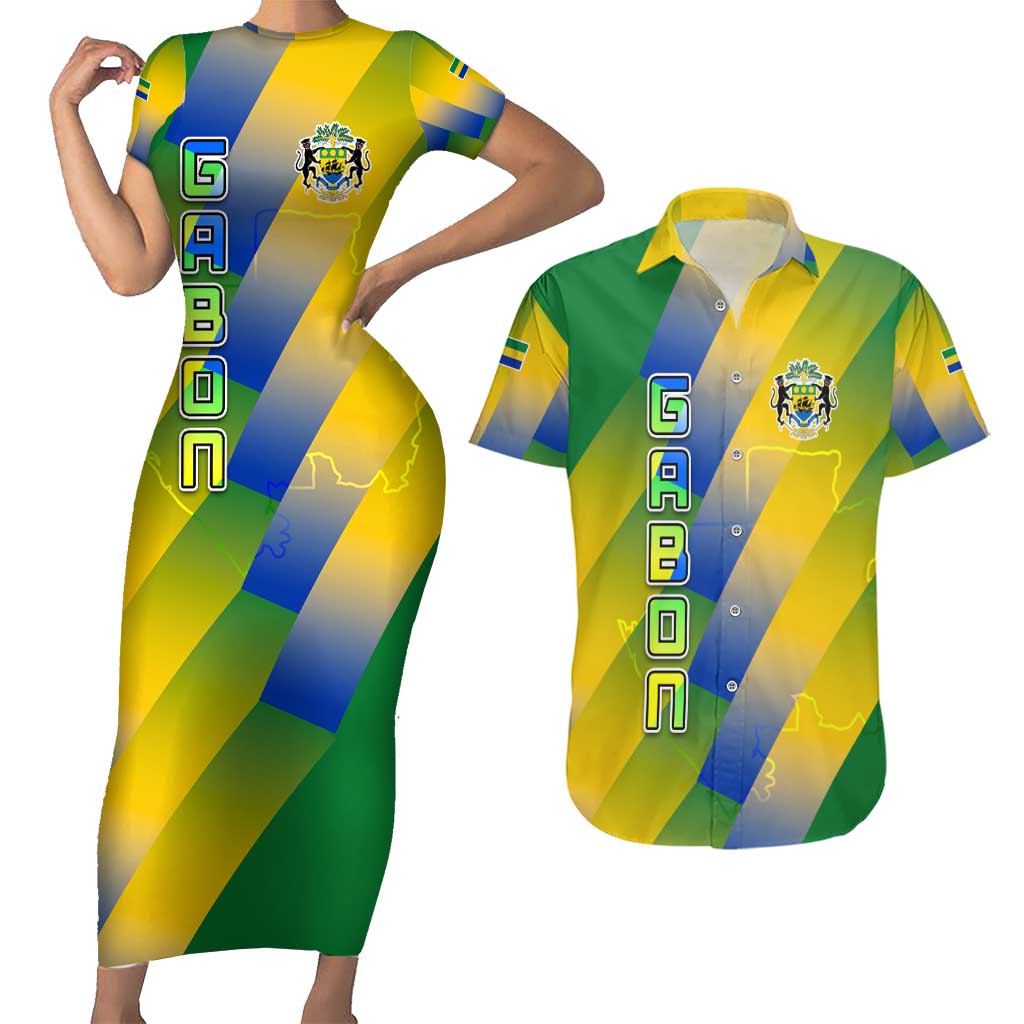 Gabon Flag Colors Couples Matching Short Sleeve Bodycon Dress and Hawaiian Shirt with National Coat of Arms and Vertical Text Design