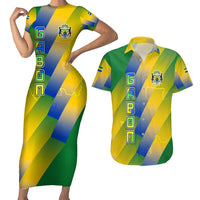 Gabon Flag Colors Couples Matching Short Sleeve Bodycon Dress and Hawaiian Shirt with National Coat of Arms and Vertical Text Design