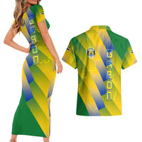 Gabon Flag Colors Couples Matching Short Sleeve Bodycon Dress and Hawaiian Shirt with National Coat of Arms and Vertical Text Design