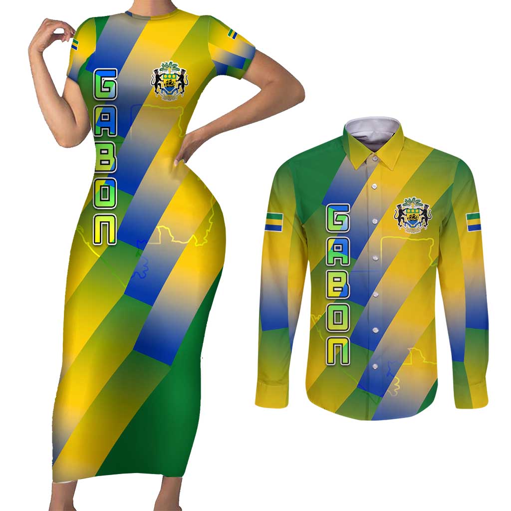 Gabon Flag Colors Couples Matching Short Sleeve Bodycon Dress and Long Sleeve Button Shirt with National Coat of Arms and Vertical Text Design