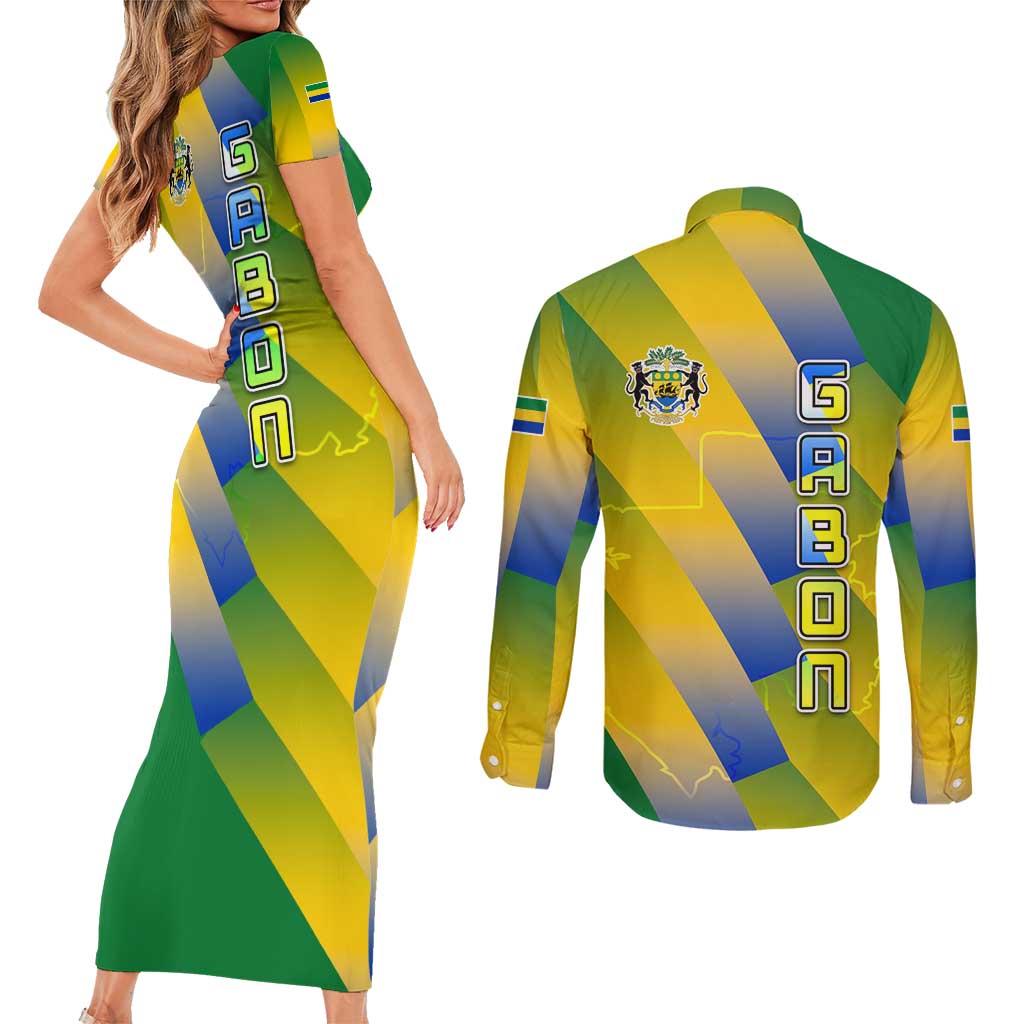 Gabon Flag Colors Couples Matching Short Sleeve Bodycon Dress and Long Sleeve Button Shirt with National Coat of Arms and Vertical Text Design