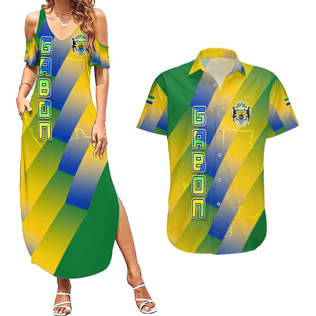 Gabon Flag Colors Couples Matching Summer Maxi Dress and Hawaiian Shirt with National Coat of Arms and Vertical Text Design