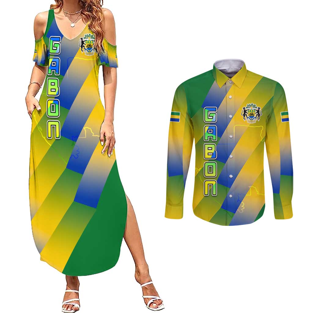 Gabon Flag Colors Couples Matching Summer Maxi Dress and Long Sleeve Button Shirt with National Coat of Arms and Vertical Text Design