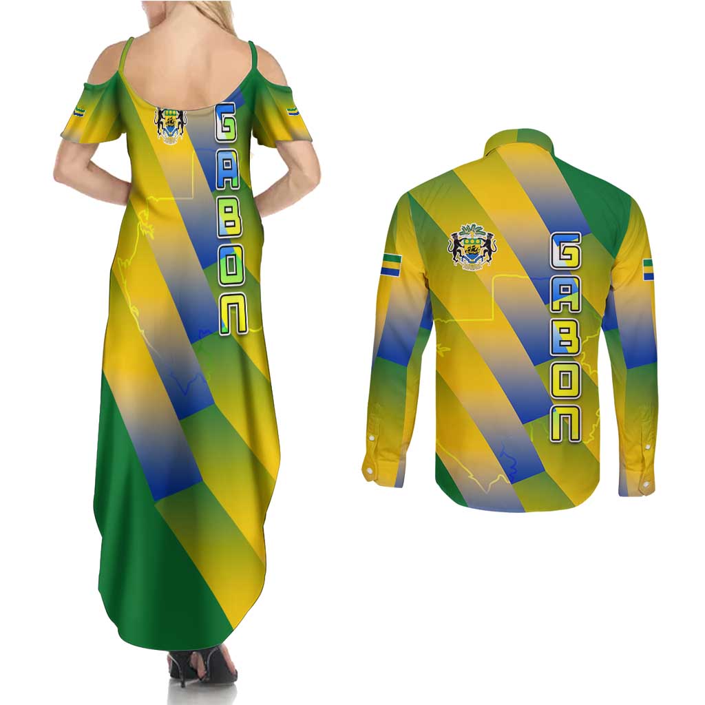 Gabon Flag Colors Couples Matching Summer Maxi Dress and Long Sleeve Button Shirt with National Coat of Arms and Vertical Text Design