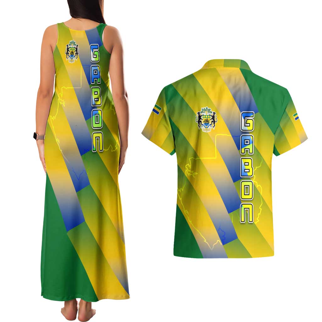 Gabon Flag Colors Couples Matching Tank Maxi Dress and Hawaiian Shirt with National Coat of Arms and Vertical Text Design