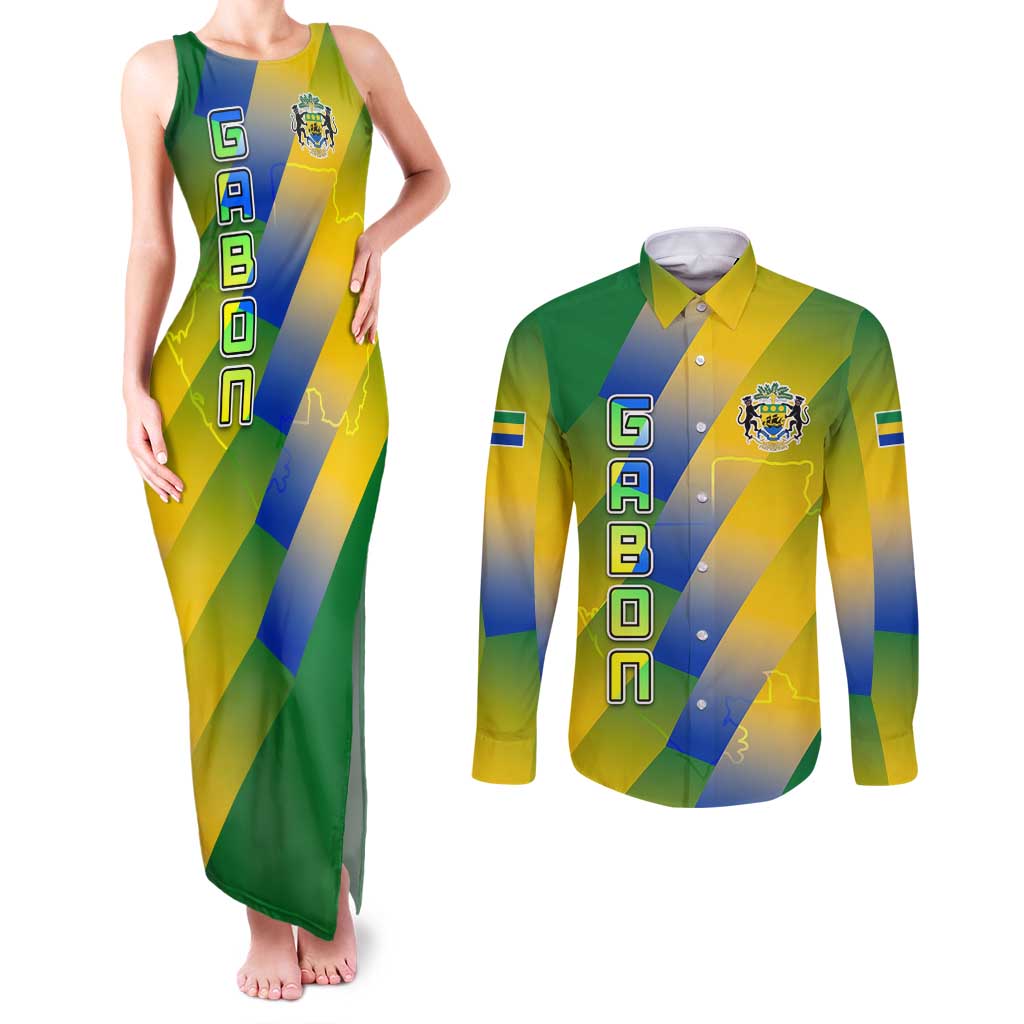 Gabon Flag Colors Couples Matching Tank Maxi Dress and Long Sleeve Button Shirt with National Coat of Arms and Vertical Text Design