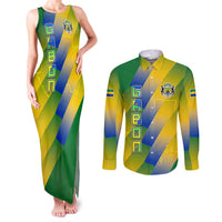 Gabon Flag Colors Couples Matching Tank Maxi Dress and Long Sleeve Button Shirt with National Coat of Arms and Vertical Text Design