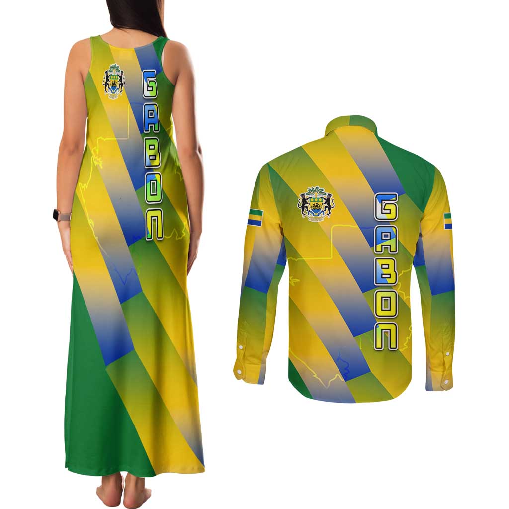Gabon Flag Colors Couples Matching Tank Maxi Dress and Long Sleeve Button Shirt with National Coat of Arms and Vertical Text Design
