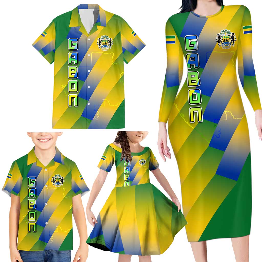 Gabon Flag Colors Family Matching Long Sleeve Bodycon Dress and Hawaiian Shirt with National Coat of Arms and Vertical Text Design