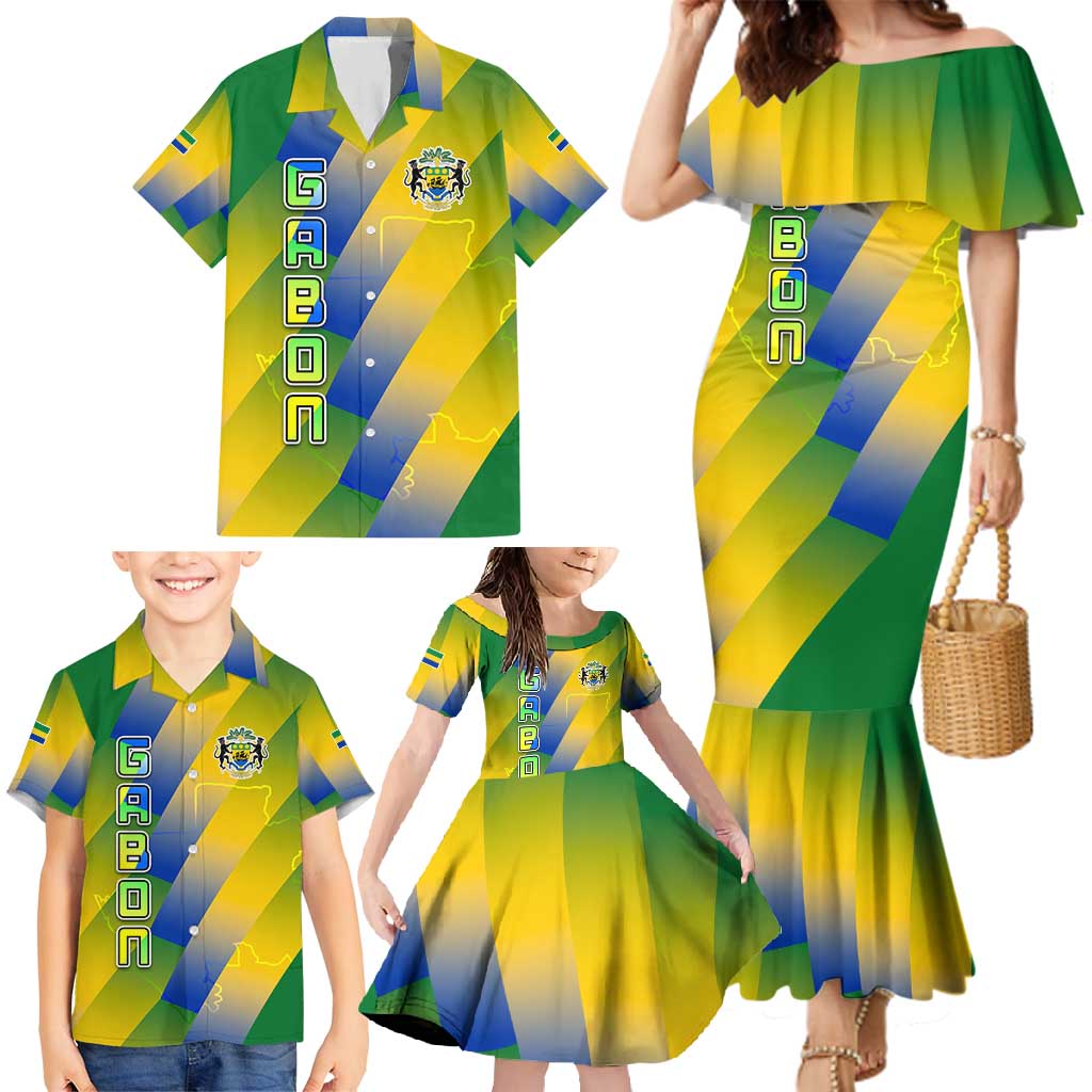 Gabon Flag Colors Family Matching Mermaid Dress and Hawaiian Shirt with National Coat of Arms and Vertical Text Design