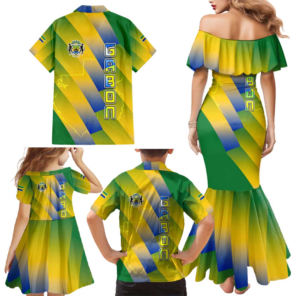Gabon Flag Colors Family Matching Mermaid Dress and Hawaiian Shirt with National Coat of Arms and Vertical Text Design