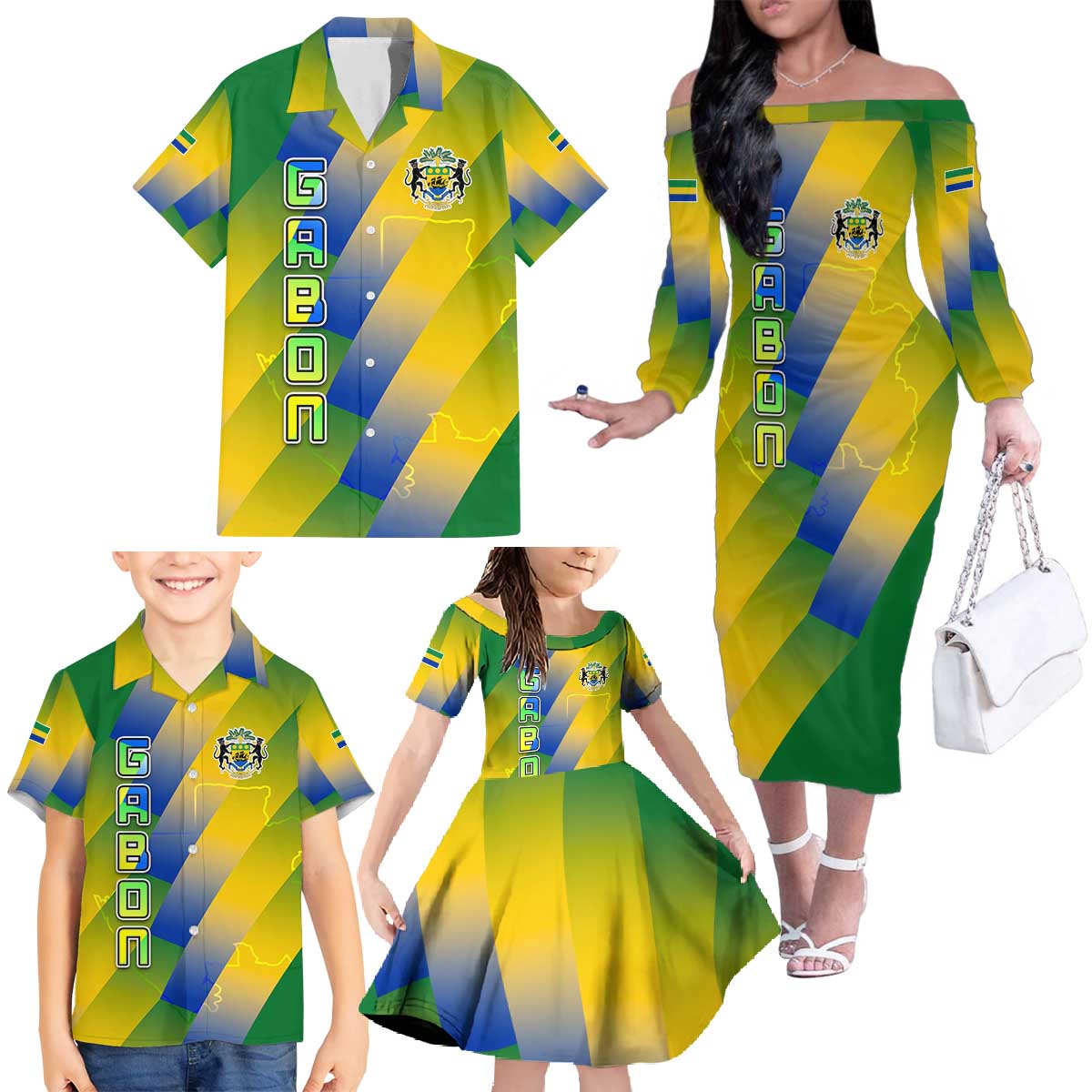 Gabon Flag Colors Family Matching Off The Shoulder Long Sleeve Dress and Hawaiian Shirt with National Coat of Arms and Vertical Text Design