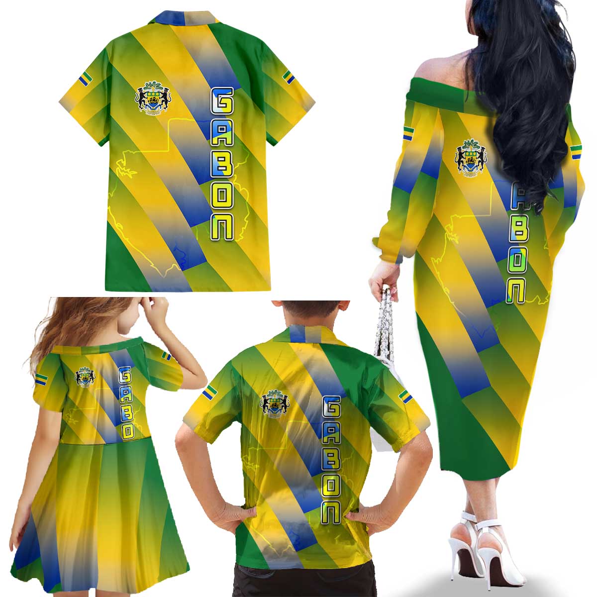 Gabon Flag Colors Family Matching Off The Shoulder Long Sleeve Dress and Hawaiian Shirt with National Coat of Arms and Vertical Text Design