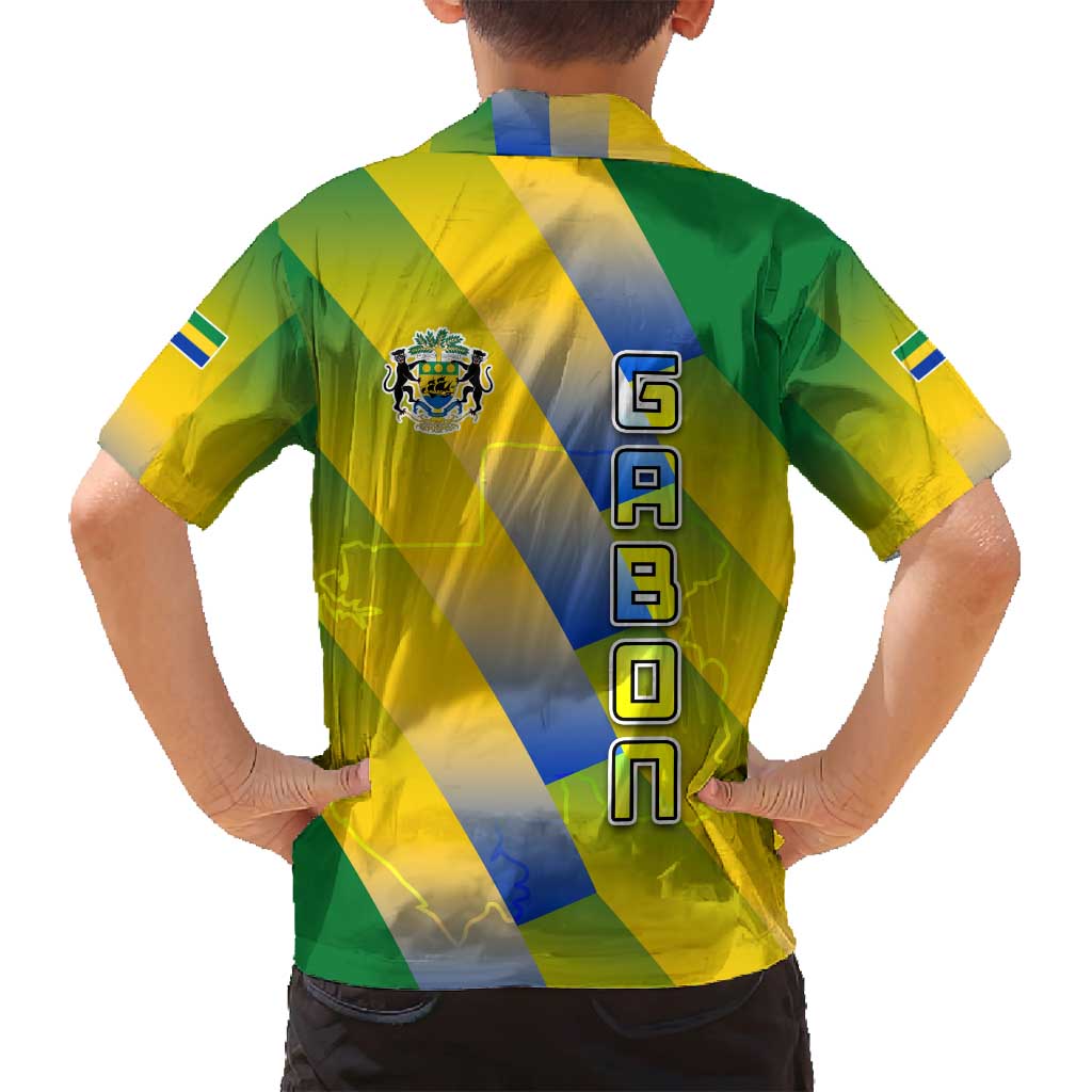 Gabon Flag Colors Family Matching Off Shoulder Maxi Dress and Hawaiian Shirt with National Coat of Arms and Vertical Text Design