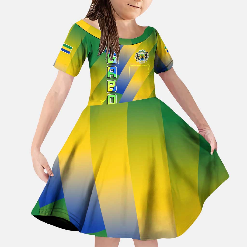 Gabon Flag Colors Family Matching Off Shoulder Maxi Dress and Hawaiian Shirt with National Coat of Arms and Vertical Text Design
