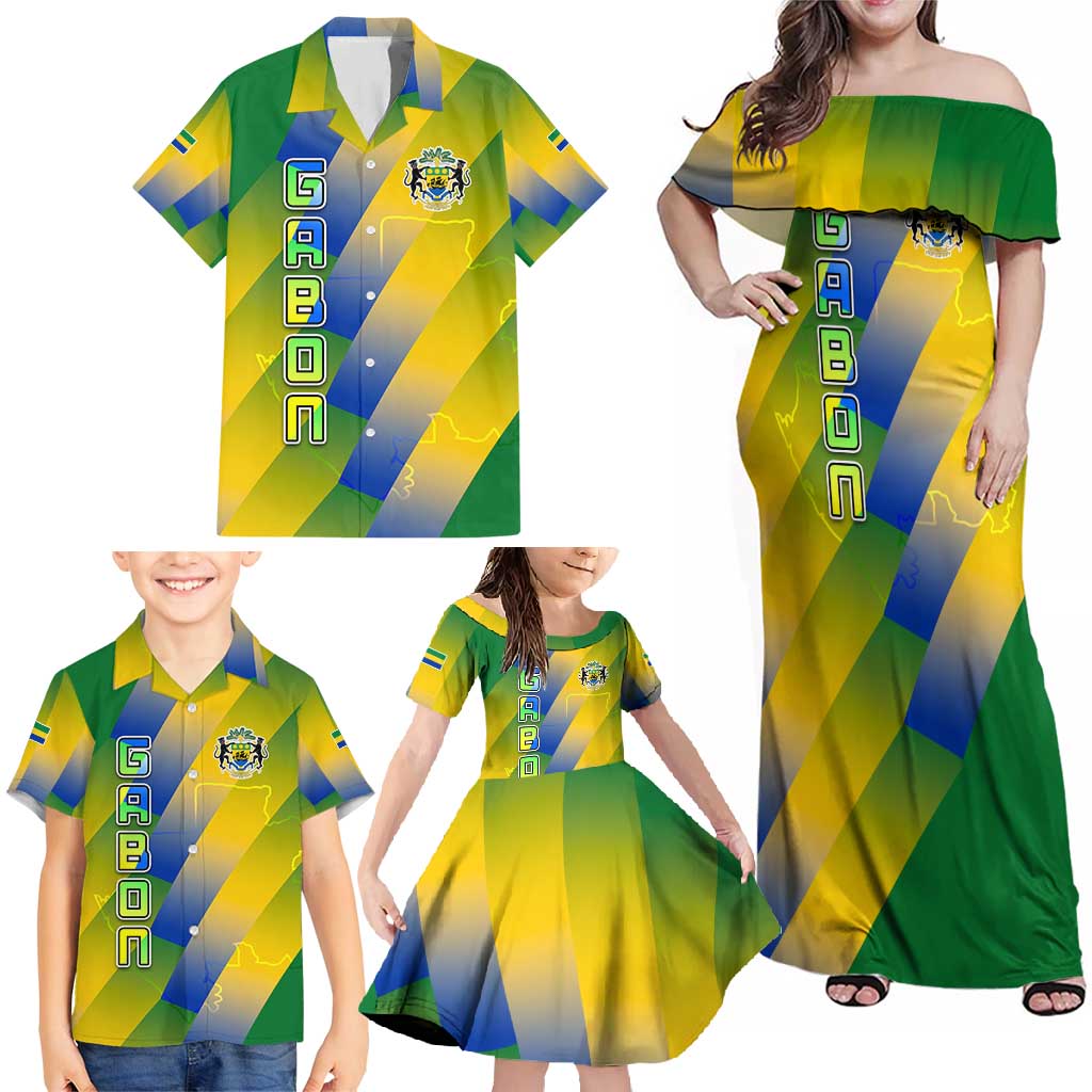 Gabon Flag Colors Family Matching Off Shoulder Maxi Dress and Hawaiian Shirt with National Coat of Arms and Vertical Text Design