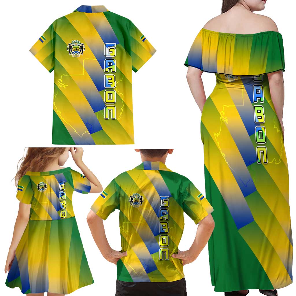 Gabon Flag Colors Family Matching Off Shoulder Maxi Dress and Hawaiian Shirt with National Coat of Arms and Vertical Text Design