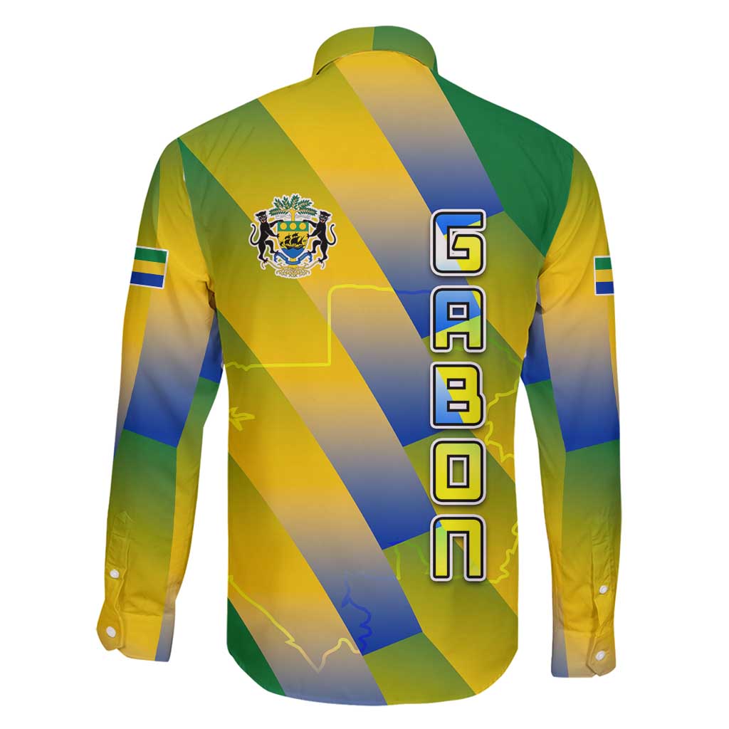 Gabon Flag Colors Family Matching Off Shoulder Maxi Dress and Hawaiian Shirt with National Coat of Arms and Vertical Text Design