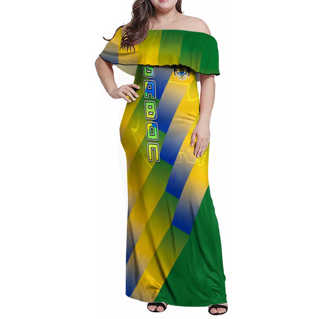 Gabon Flag Colors Family Matching Off Shoulder Maxi Dress and Hawaiian Shirt with National Coat of Arms and Vertical Text Design