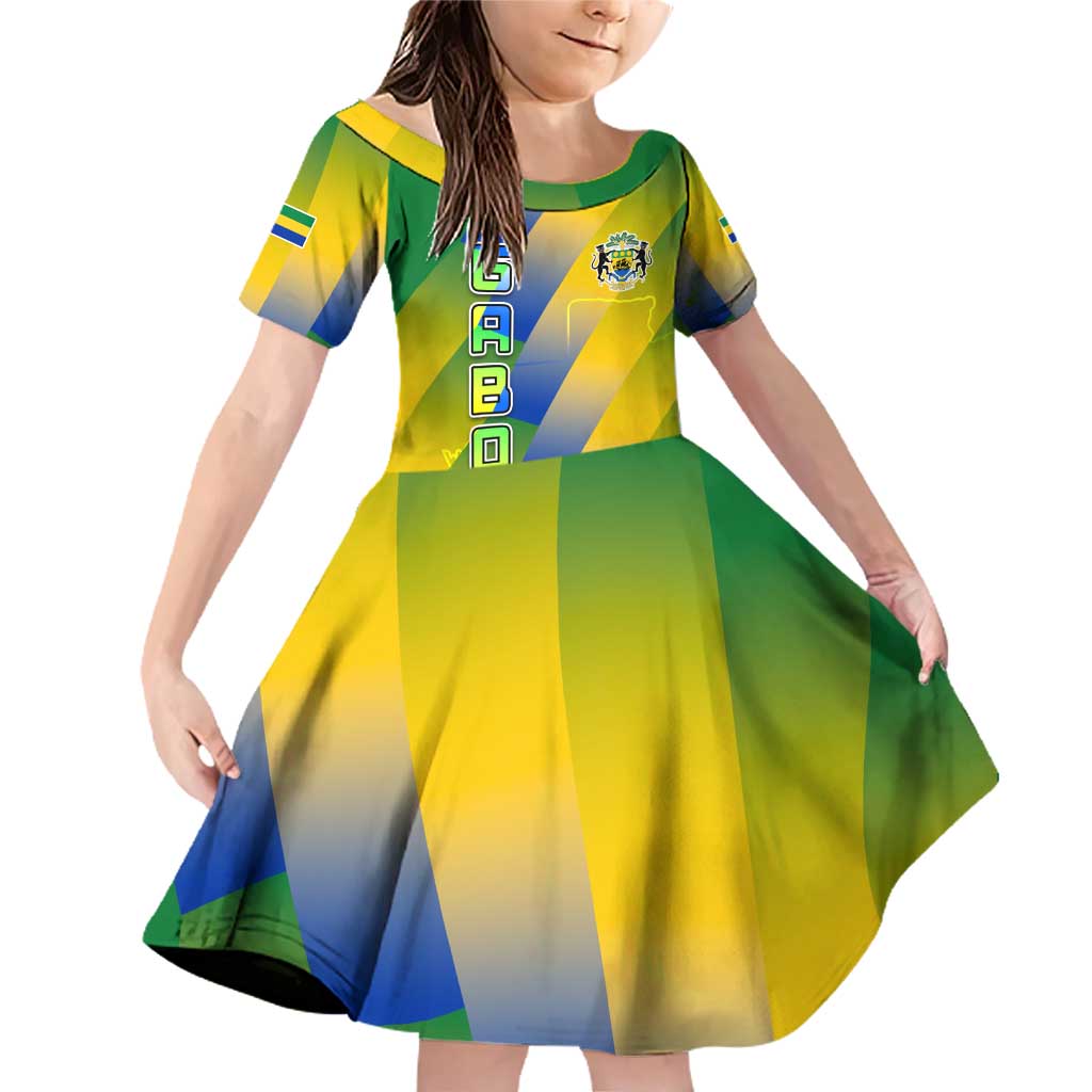 Gabon Flag Colors Family Matching Off Shoulder Short Dress and Hawaiian Shirt with National Coat of Arms and Vertical Text Design