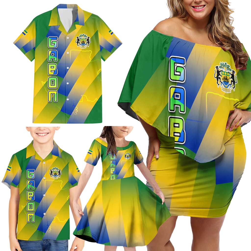 Gabon Flag Colors Family Matching Off Shoulder Short Dress and Hawaiian Shirt with National Coat of Arms and Vertical Text Design