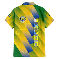 Gabon Flag Colors Family Matching Off Shoulder Short Dress and Hawaiian Shirt with National Coat of Arms and Vertical Text Design