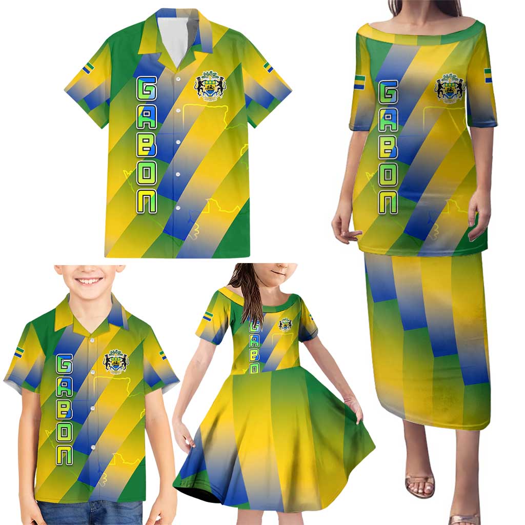 Gabon Flag Colors Family Matching Puletasi and Hawaiian Shirt with National Coat of Arms and Vertical Text Design
