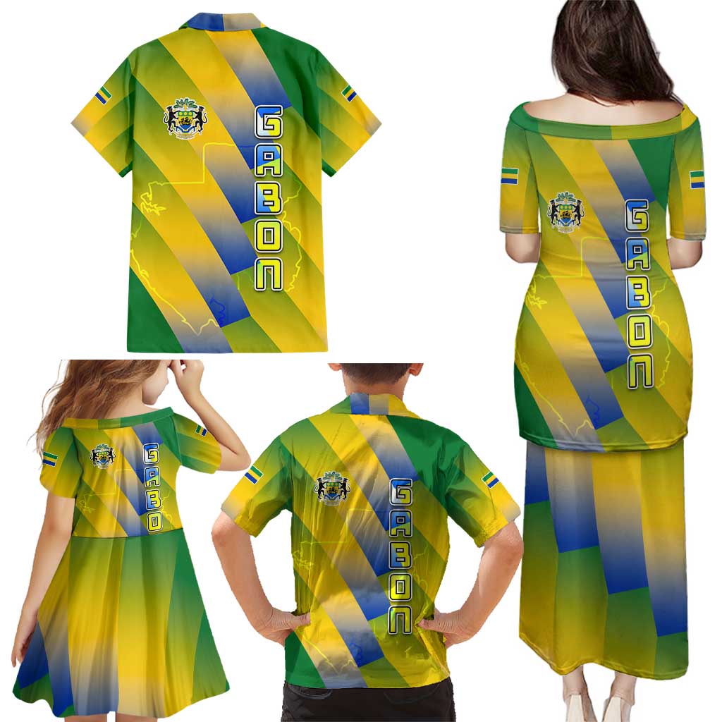 Gabon Flag Colors Family Matching Puletasi and Hawaiian Shirt with National Coat of Arms and Vertical Text Design