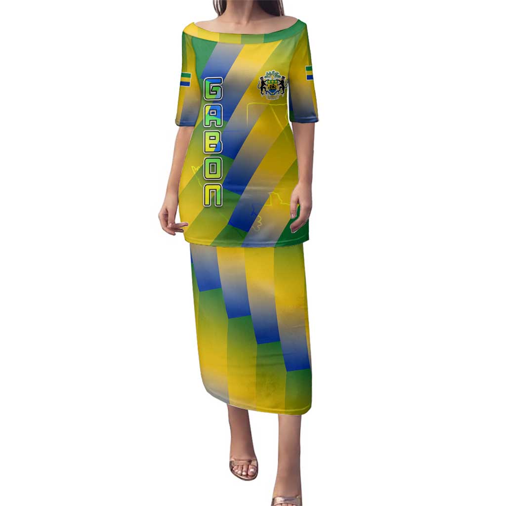 Gabon Flag Colors Family Matching Puletasi and Hawaiian Shirt with National Coat of Arms and Vertical Text Design