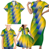 Gabon Flag Colors Family Matching Short Sleeve Bodycon Dress and Hawaiian Shirt with National Coat of Arms and Vertical Text Design