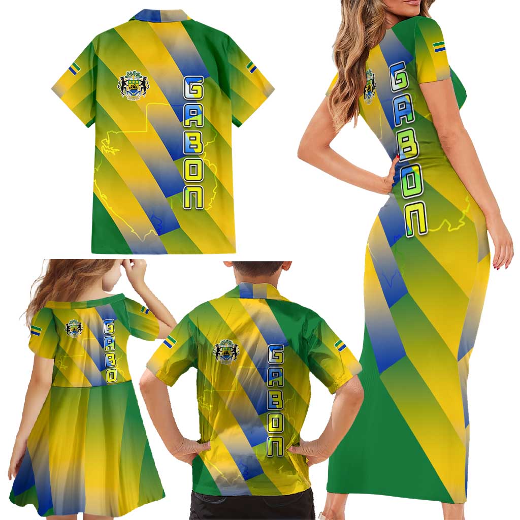 Gabon Flag Colors Family Matching Short Sleeve Bodycon Dress and Hawaiian Shirt with National Coat of Arms and Vertical Text Design