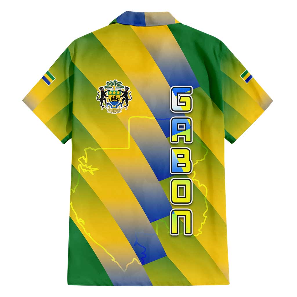 Gabon Flag Colors Family Matching Short Sleeve Bodycon Dress and Hawaiian Shirt with National Coat of Arms and Vertical Text Design