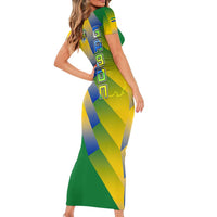 Gabon Flag Colors Family Matching Short Sleeve Bodycon Dress and Hawaiian Shirt with National Coat of Arms and Vertical Text Design