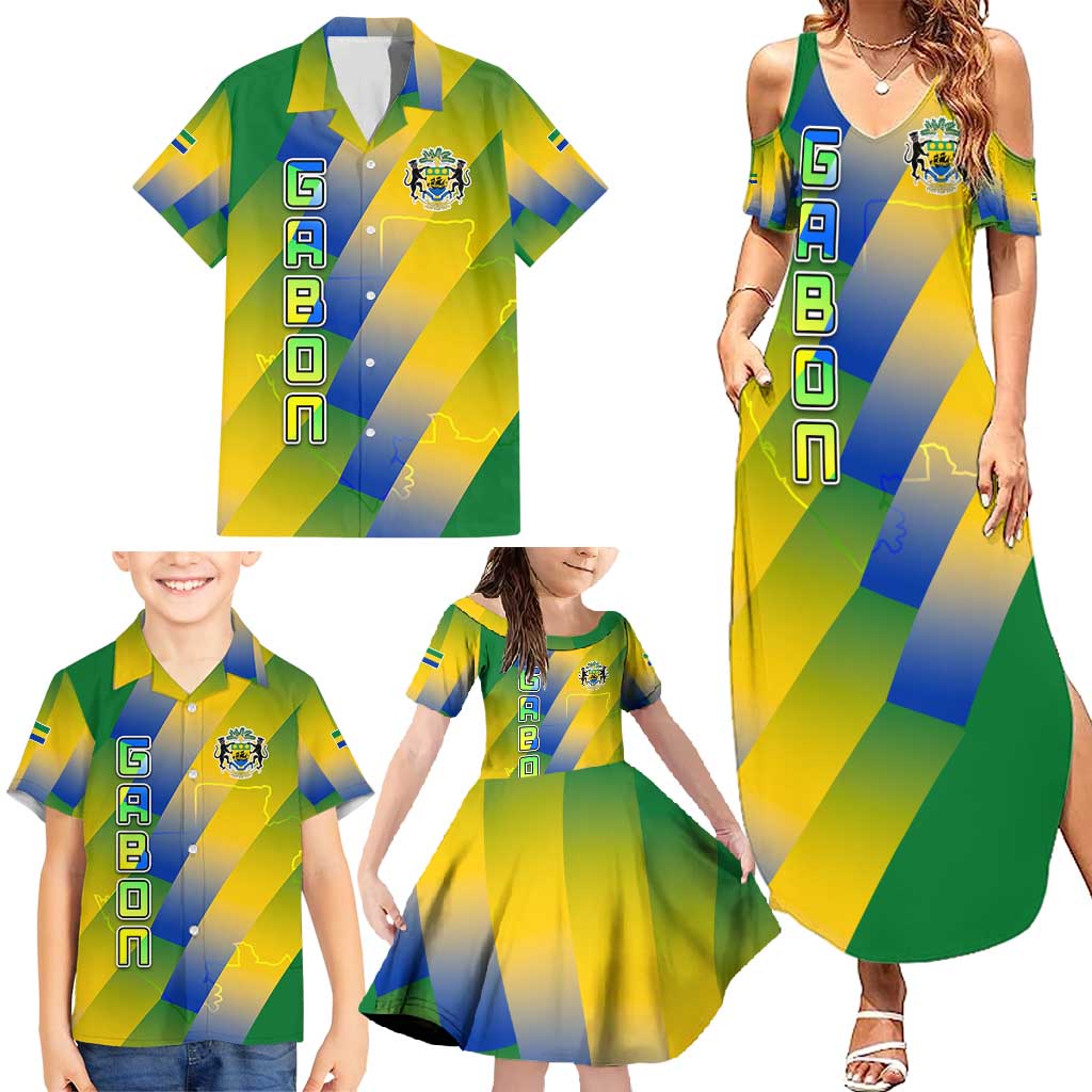 Gabon Flag Colors Family Matching Summer Maxi Dress and Hawaiian Shirt with National Coat of Arms and Vertical Text Design