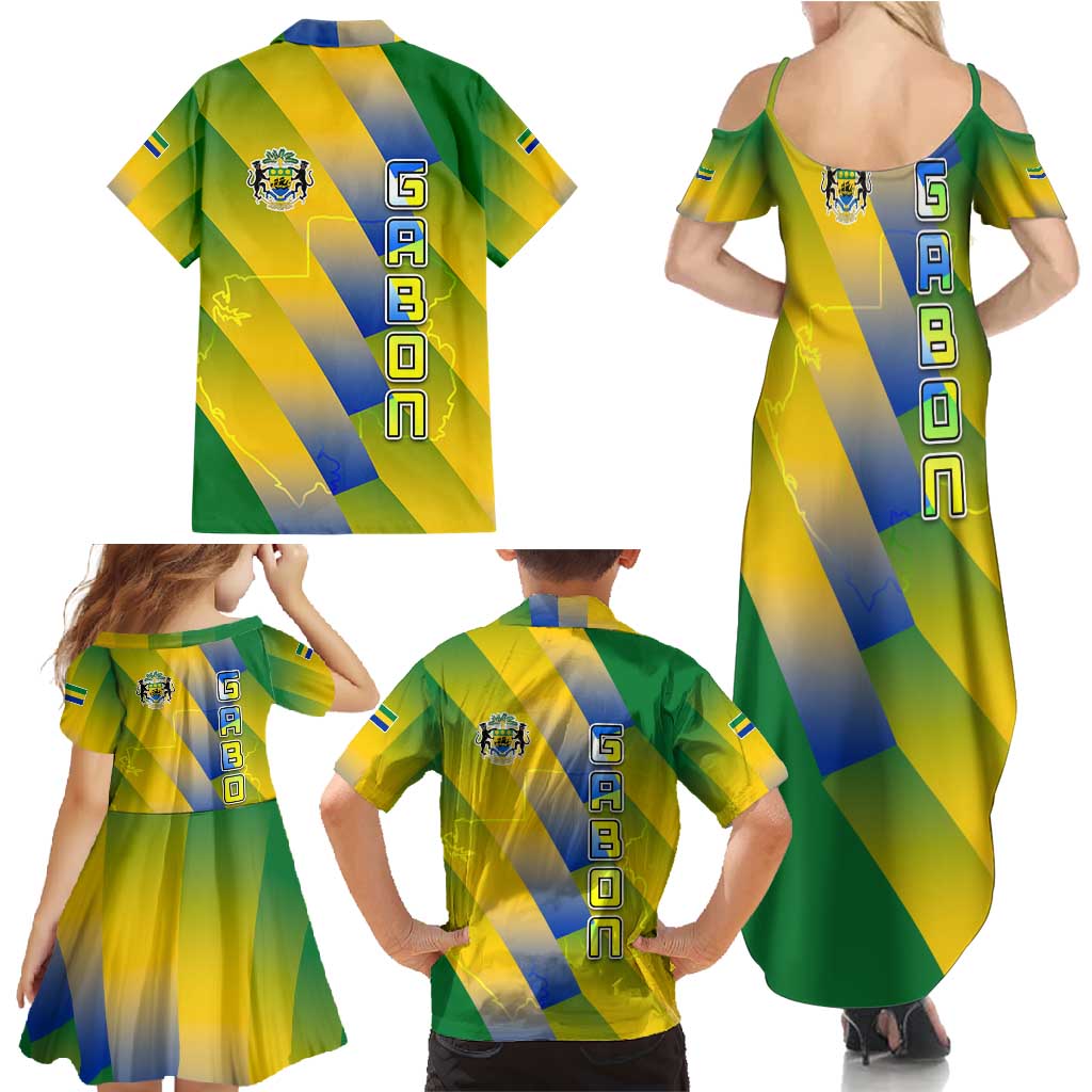 Gabon Flag Colors Family Matching Summer Maxi Dress and Hawaiian Shirt with National Coat of Arms and Vertical Text Design
