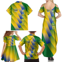Gabon Flag Colors Family Matching Summer Maxi Dress and Hawaiian Shirt with National Coat of Arms and Vertical Text Design